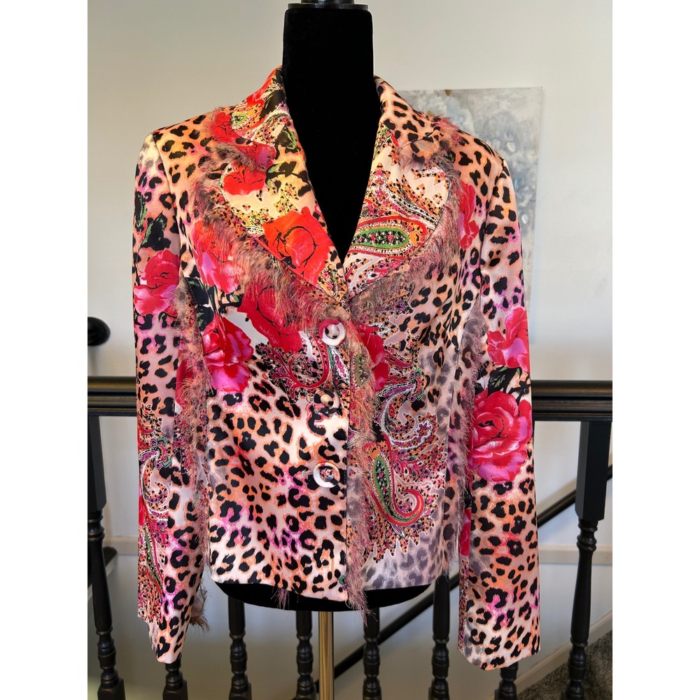 Boho Chic Womens Leopard Paisley Floral Fringe Blazer Jacket Sz 12 Made in USA